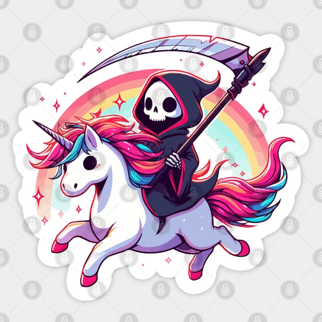 Grim Reaper Death Riding Rainbow Unicorn Sticker by TomFrontierArt